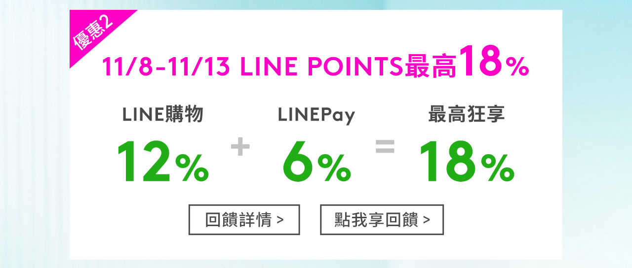 11/8-11/13 LINE POINTS最高18%
LINE購物12%+LINEPay6%=最高狂享18%